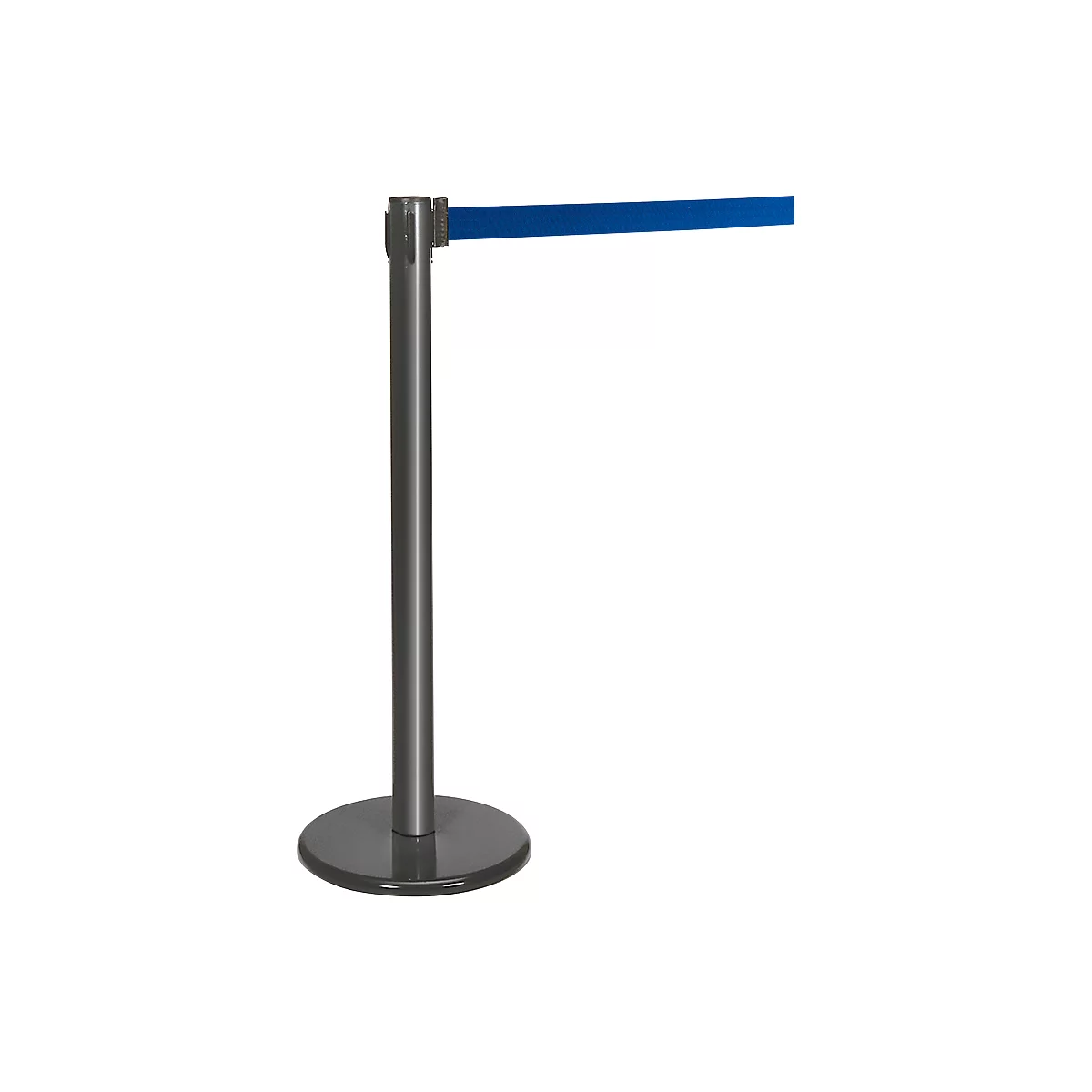 Post with blue belt serving as a barrier.
