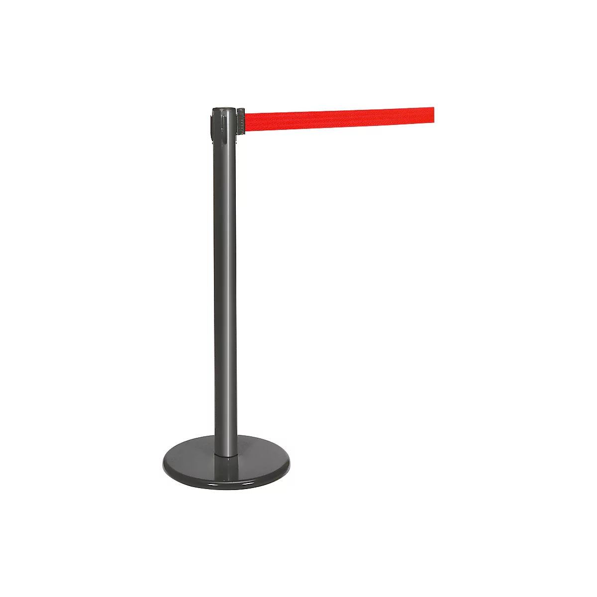 Grey barrier post with red ribbon. On round base, the ribbon is extended.