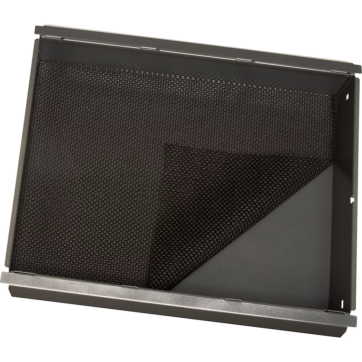 Rectangular, metal-framed box with a black, woven insert. The corner reveals a gray, triangular recess.