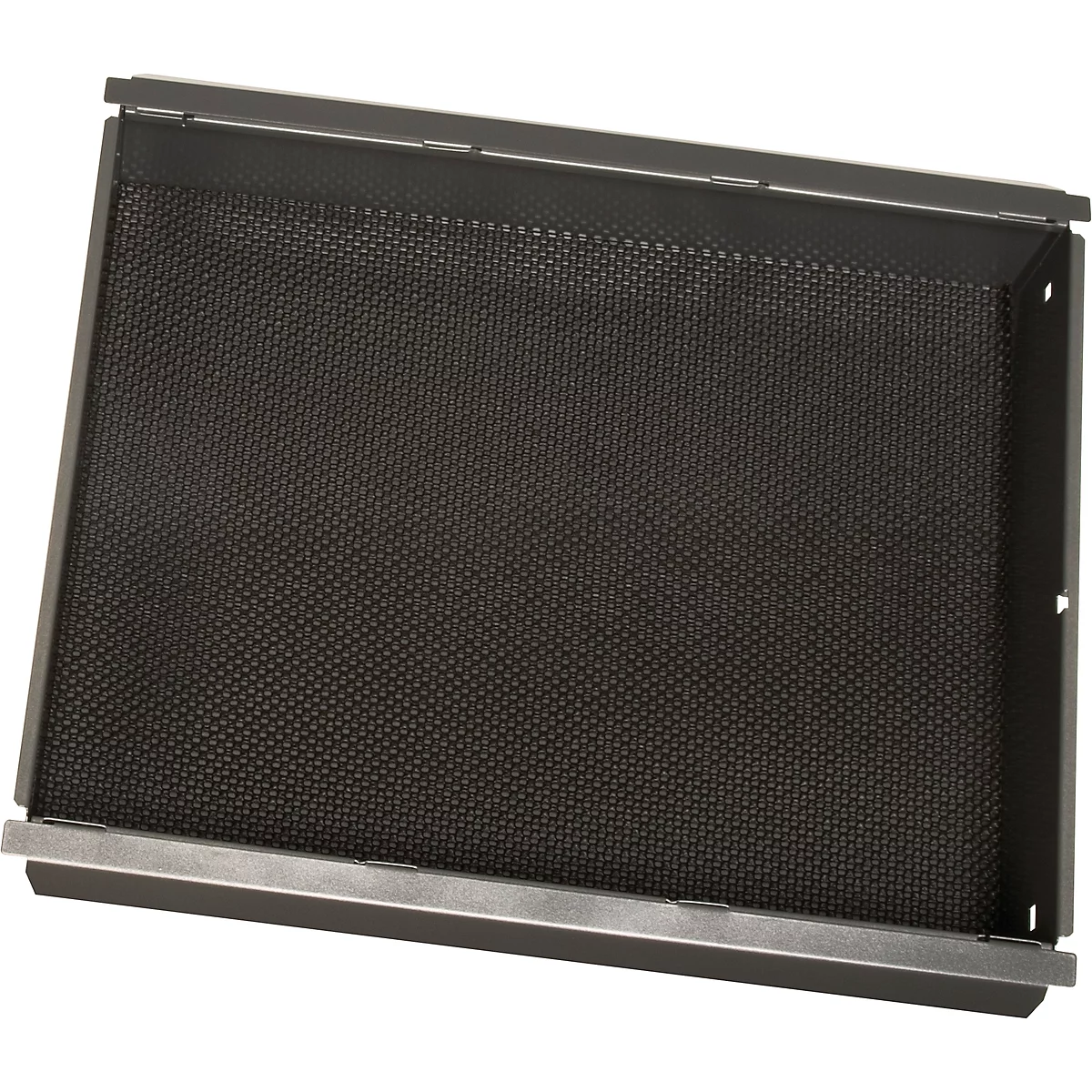 Rectangular black metal basket with a fine mesh grid bottom and silver metal edges.