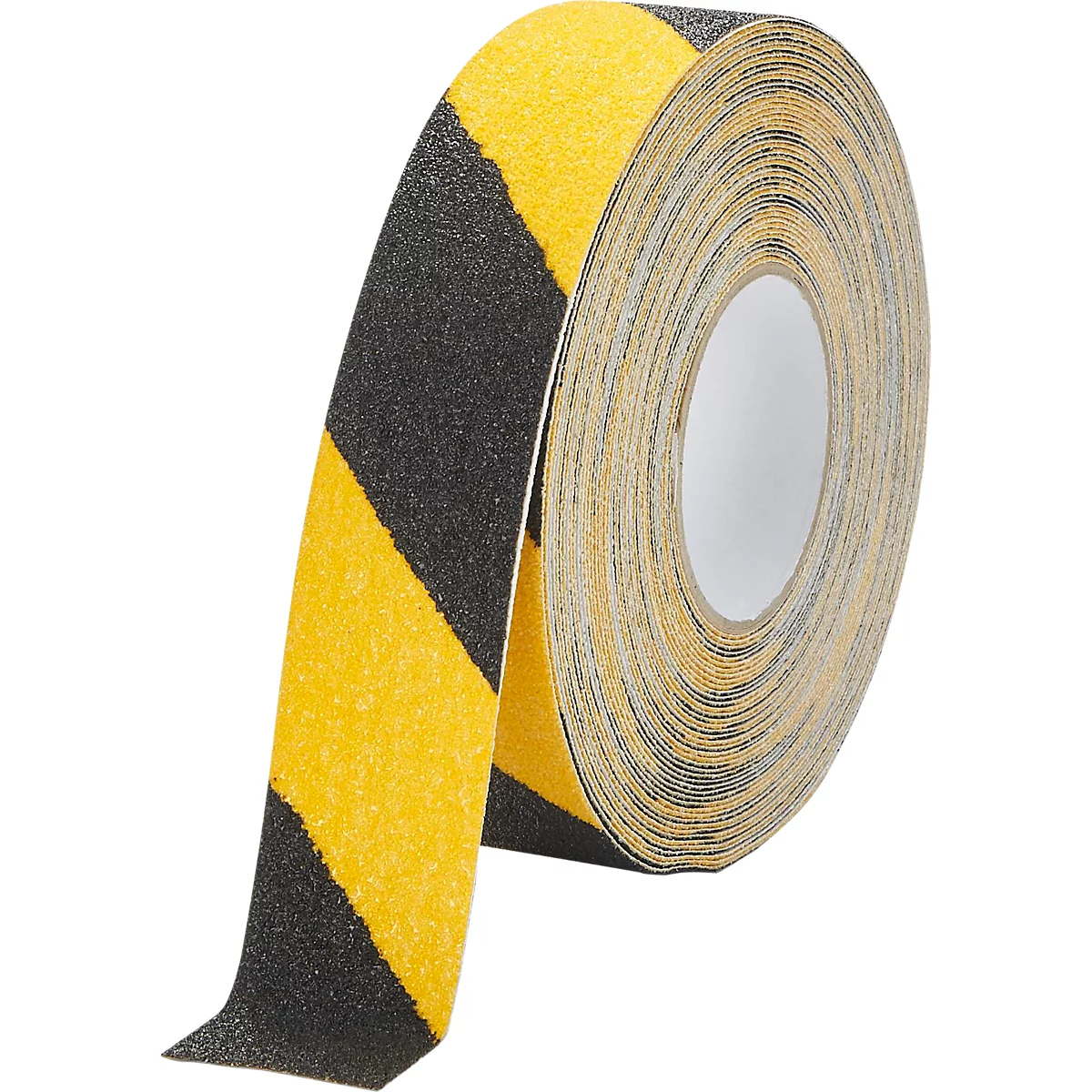 Rolled anti-slip tape roll. Yellow and black pattern. Paper roll with white inner core. Good adhesion.