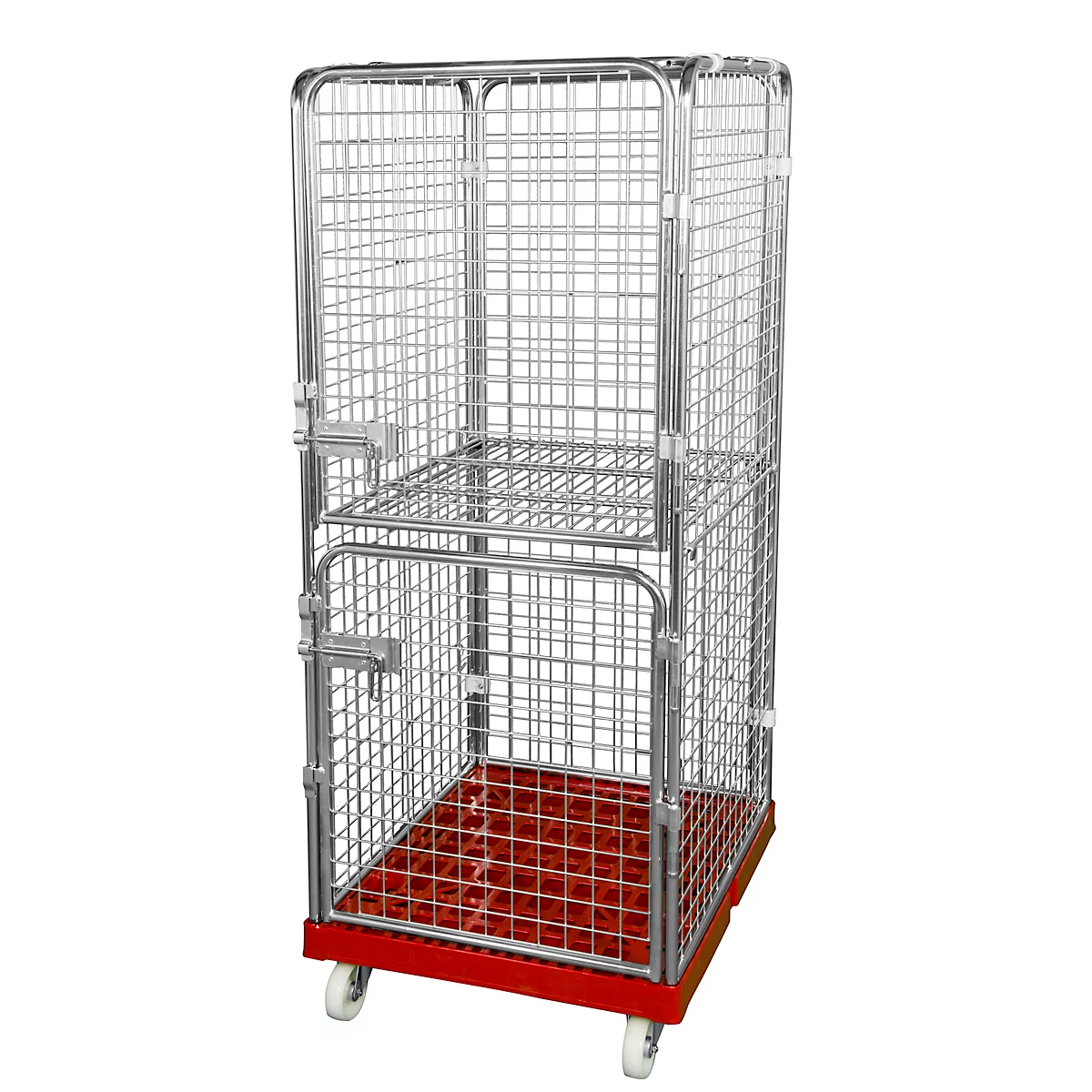 Metal cage trolley with two levels, red base, and wheels. Isolated on white.