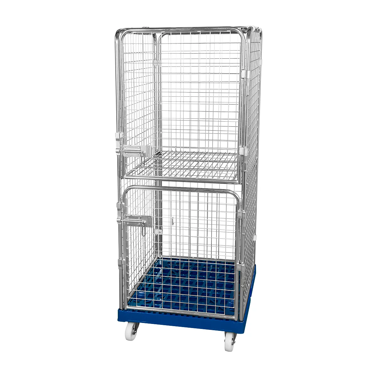 Metal mesh trolley, mobile, with blue base plate.