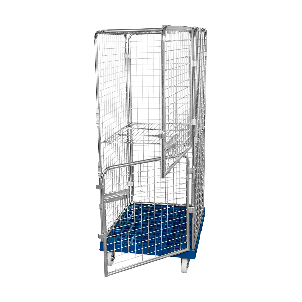 Metal roll cage, mesh-covered, door opens. Blue floor with wheels.