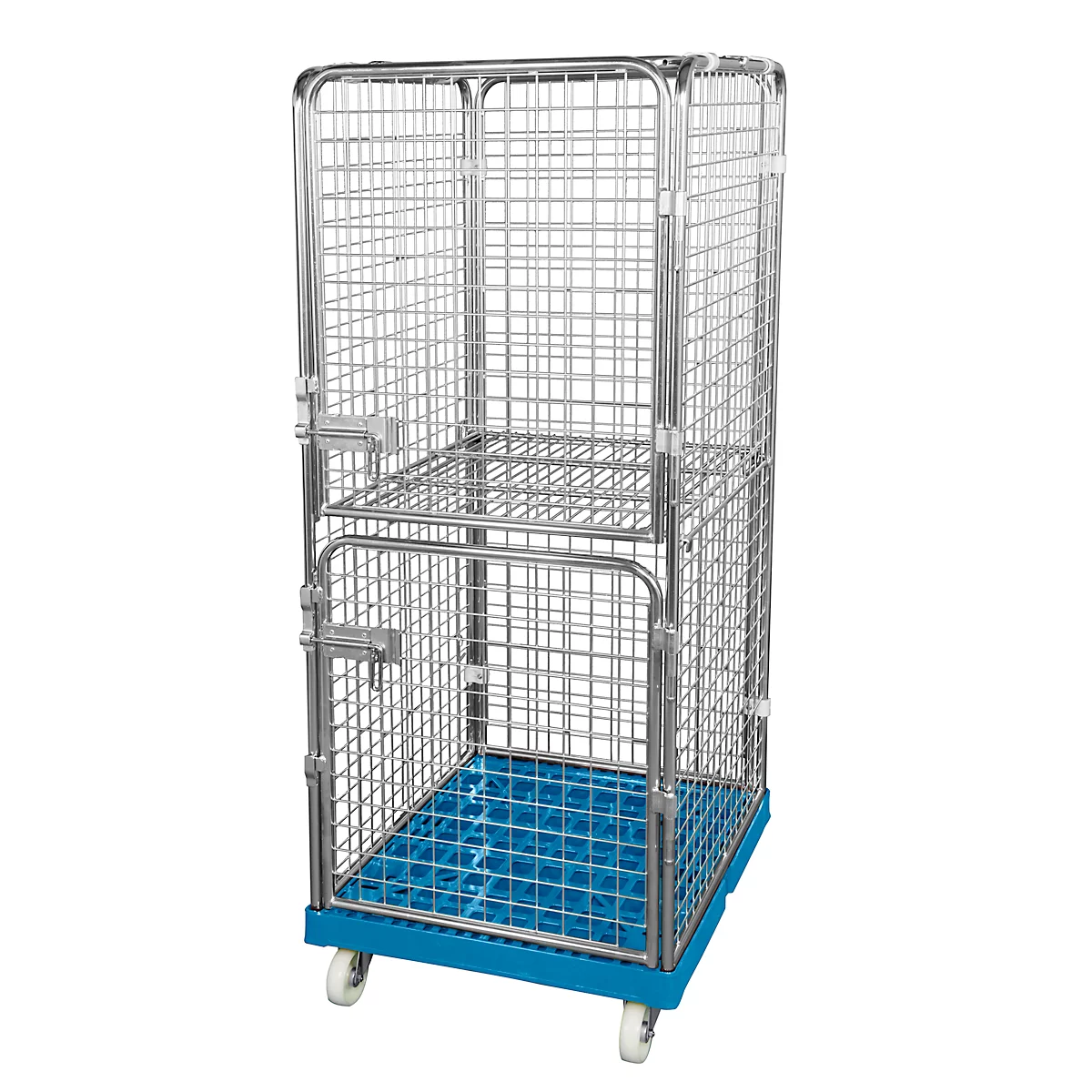 Metal roll container with wheels. The container has a blue floor, a grid structure and two doors.