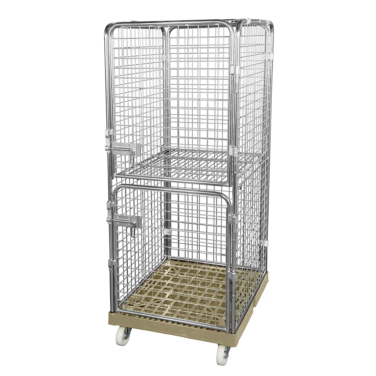 Metal mesh cage trolley, two-tiered, on wheels. Grey grids, beige base with rollers.