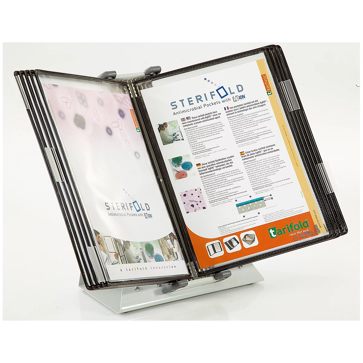 Antibacterieel display board systeem Tarifold Sterifold, tafelstandaard met 10 borden in A4 formaat, uitbreidbaar, zwart