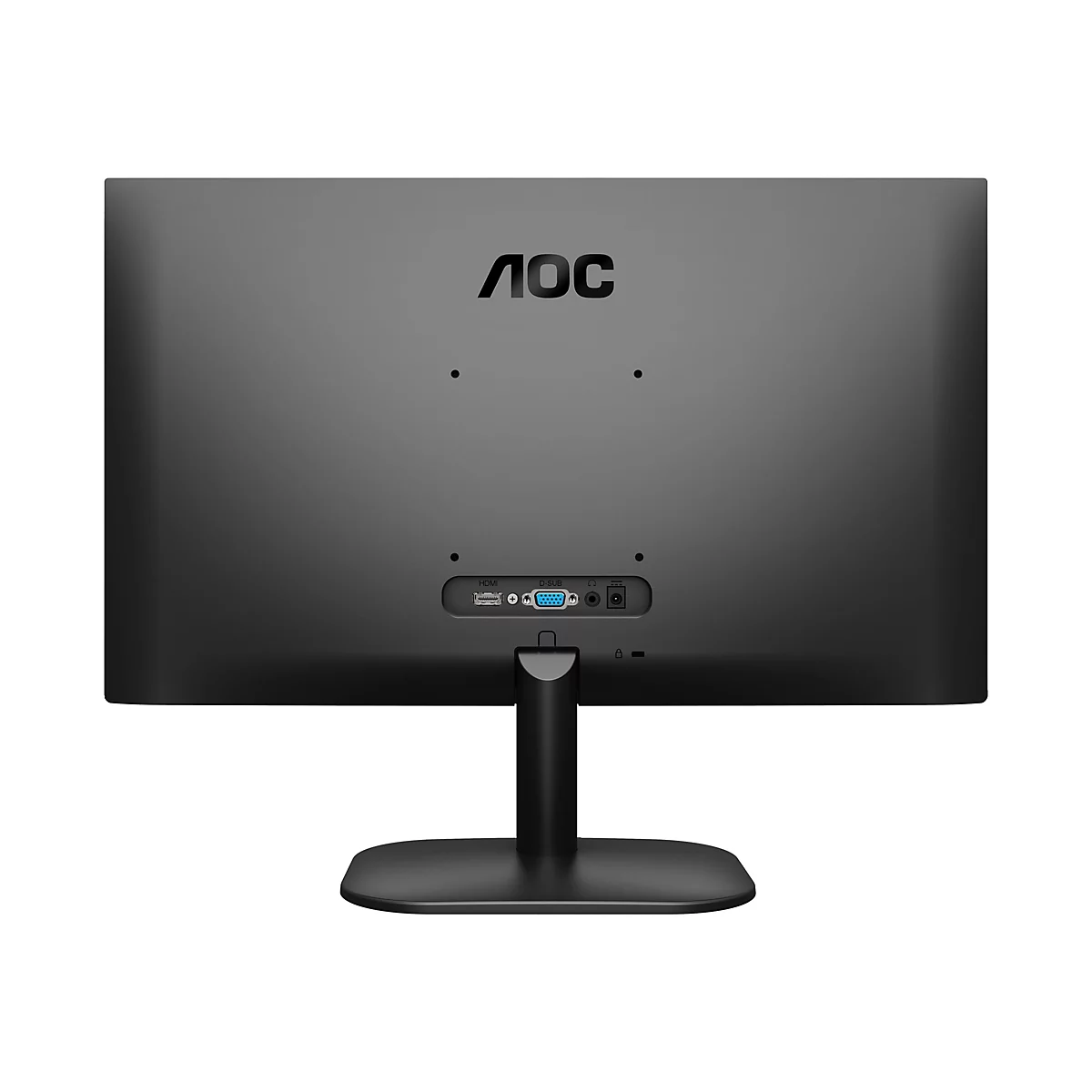 Rückseite eines schwarzen AOC Monitors mit Standfuß und sichtbaren HDMI-, D-Sub- und Stromanschlüssen.
