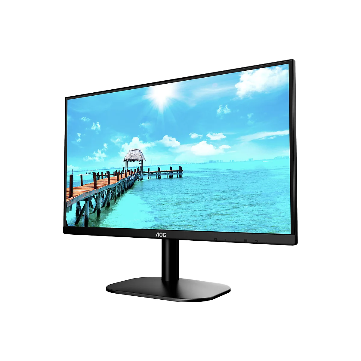Schwarzer AOC-Monitor auf einem Standfuß mit einem Bild eines Stegs im Meer auf dem Display.