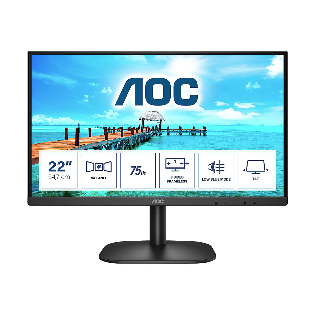 AOC Monitor 22 Zoll mit blauem Strandhintergrund und technischer Übersicht auf dem Display.