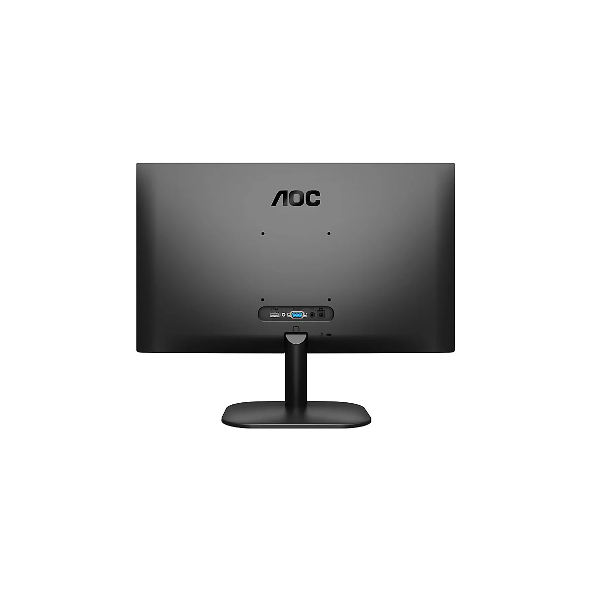 RÃ¼ckseite eines schwarzen AOC-Monitors. AnschlÃ¼sse, Logo und StandfuÃŸ sind zu sehen.