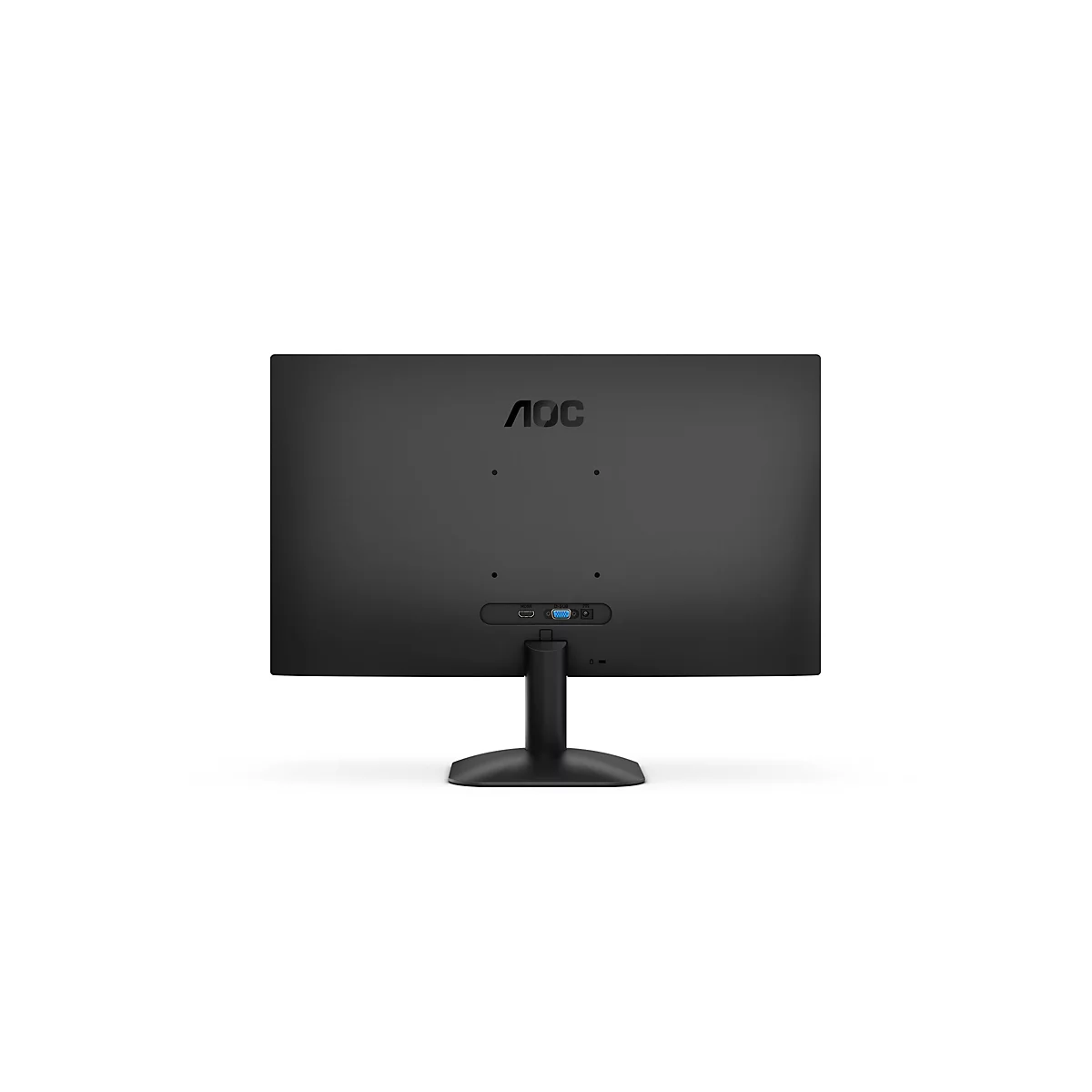 Vue arrière d'un moniteur AOC noir avec ports, logo et support. Moniteur noir sur fond blanc.