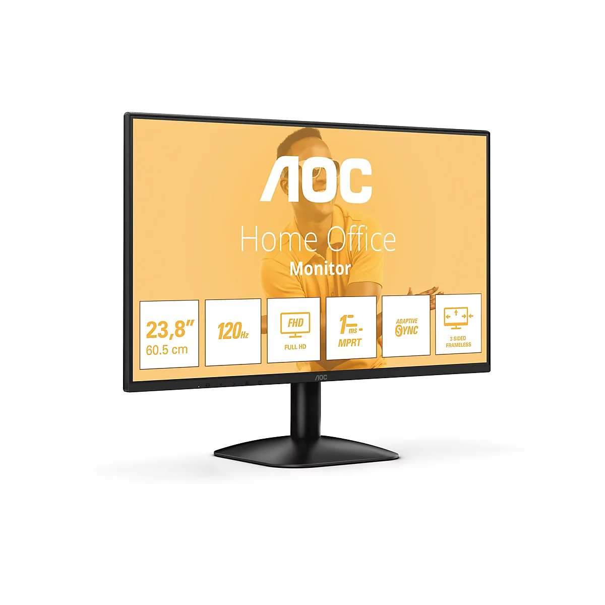 Un moniteur AOC noir sur fond blanc. L'écran affiche "Home Office Monitor" avec diverses spécifications en dessous.