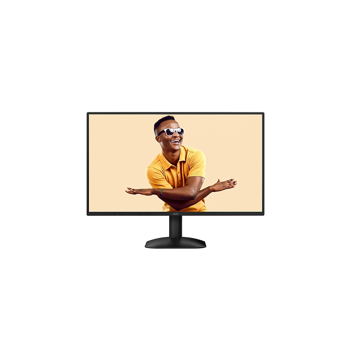 Schwarzer AOC-Monitor vor weißem Hintergrund, auf dem Bildschirm ein lachender Mann mit Sonnenbrille.