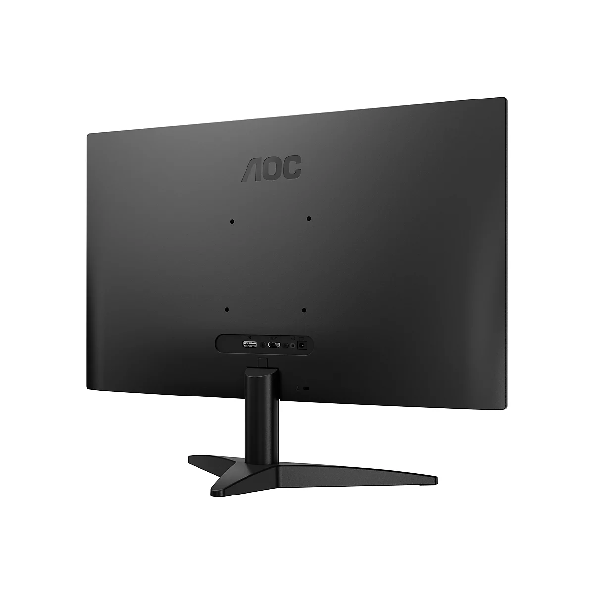 Moniteur noir, vue arrière. Connexions en bas, logo du fabricant AOC au milieu. Tient sur un support noir sur fond blanc.