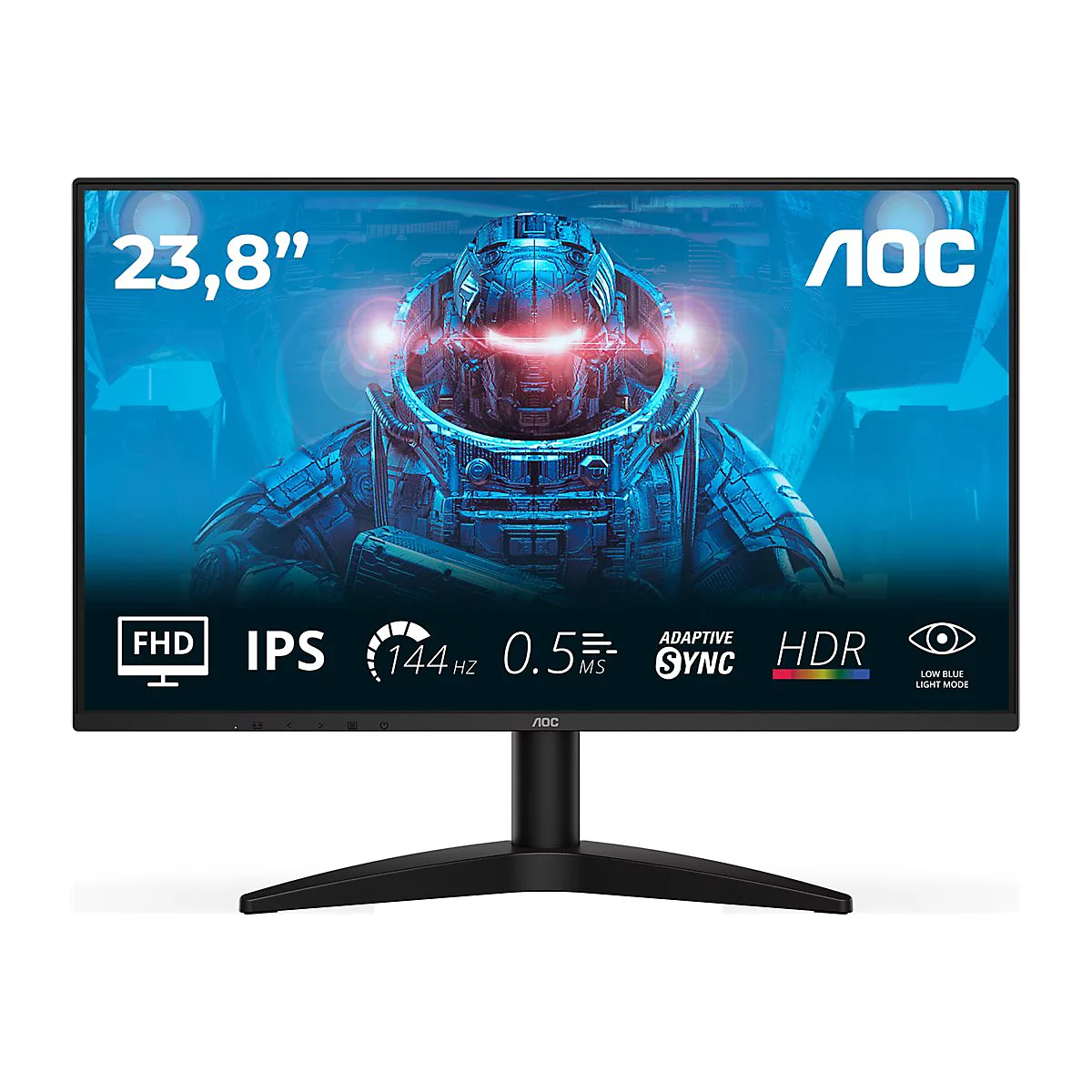 Schwarzer AOC-Monitor mit einem futuristischen Hintergrundbild. Bildschirmgröße: 23,8 Zoll, FHD, HDR, 144 Hz.
