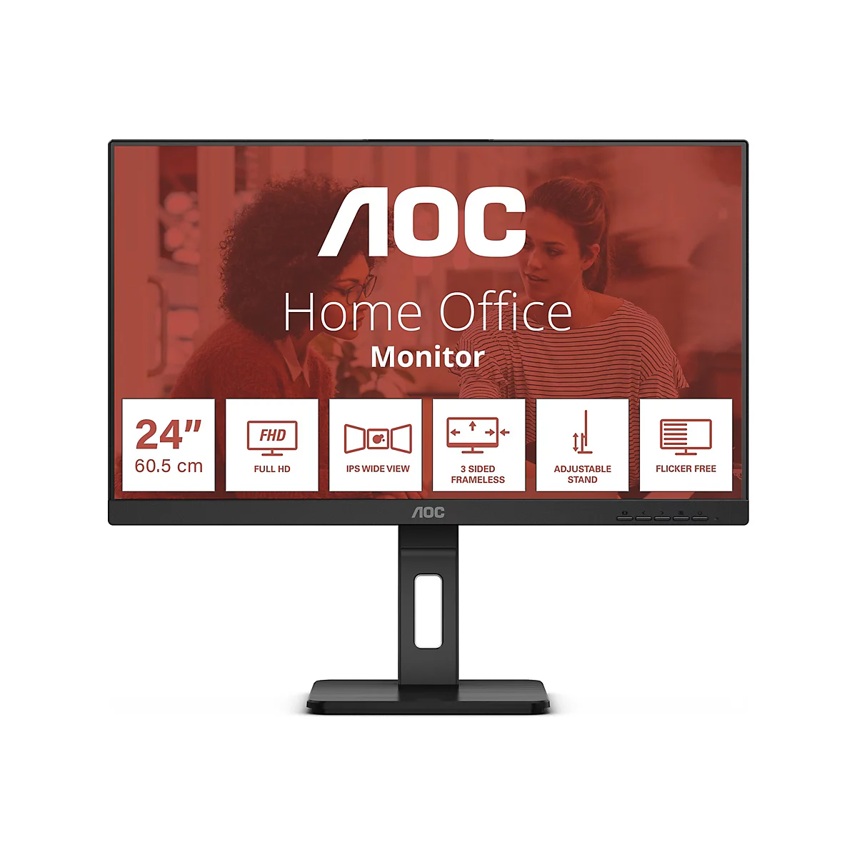 AOC 24 Zoll Home Office Monitor mit Symbolen für Full HD, IPS, rahmenloses Design, Standfuß und Flicker Free.