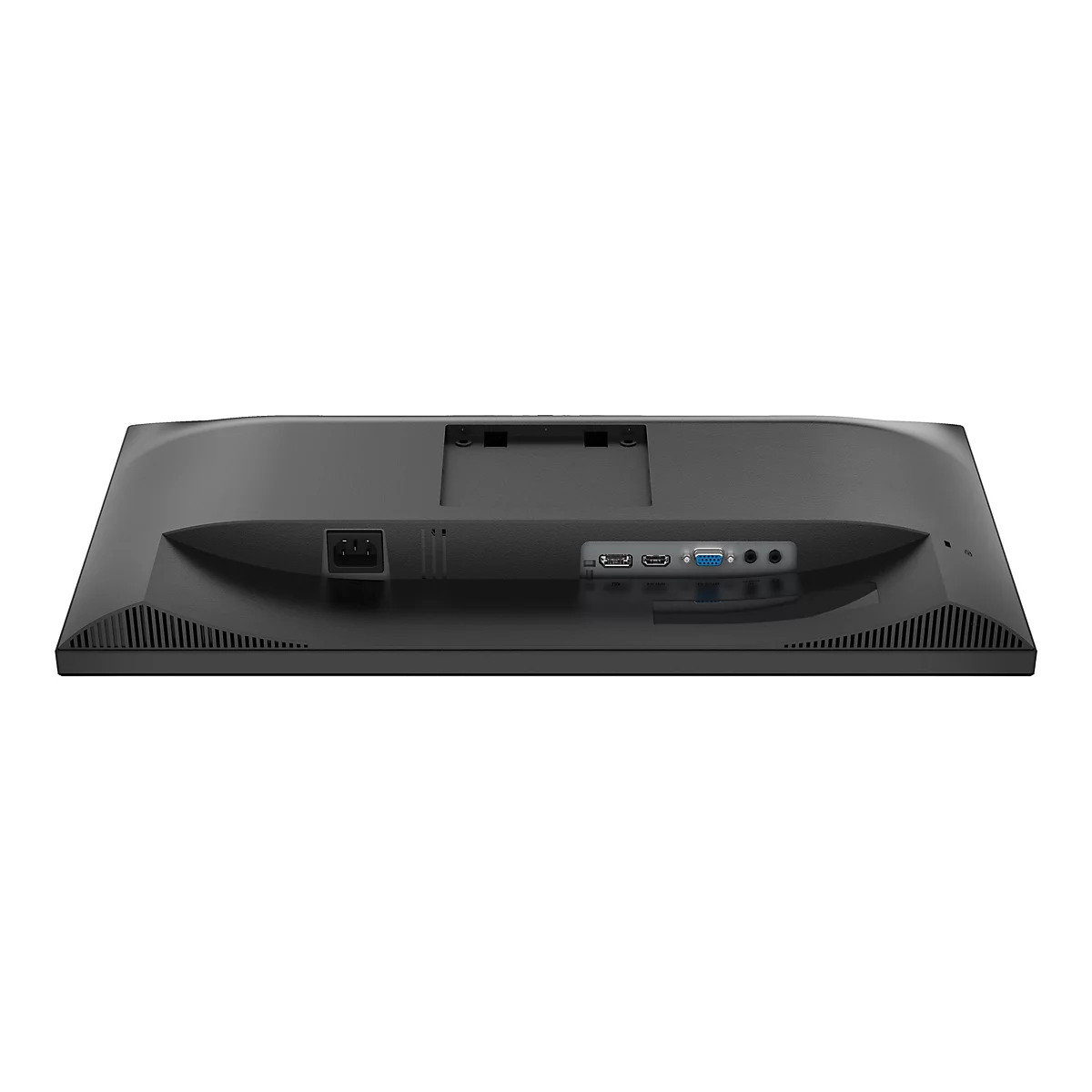 Rückseite eines schwarzen Monitors mit Anschlüssen für Strom, USB, HDMI und VGA. Kühlrippen an den Seiten.