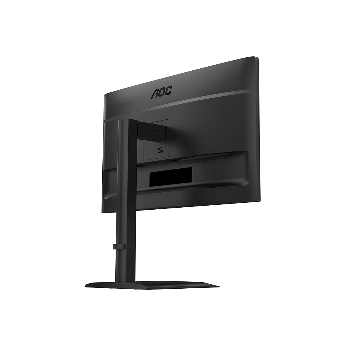 Moniteur AOC noir avec support, vue arrière ; ports HDMI, DP, USB-C visibles. Logo AOC en haut à gauche.