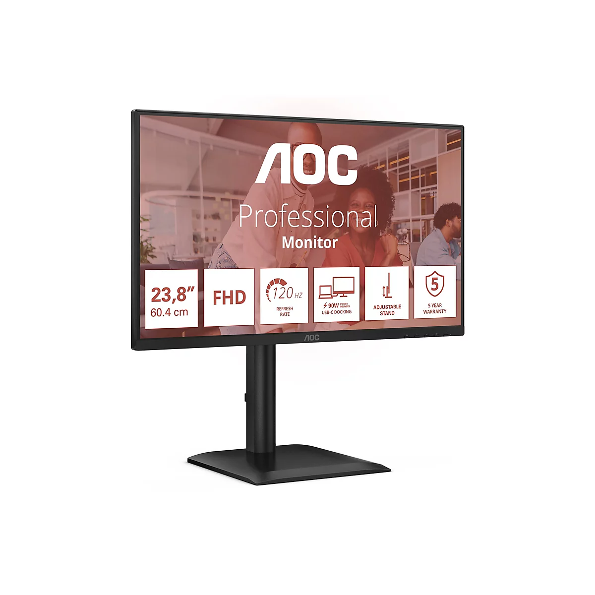 Ein schwarzer AOC-Monitor mit weißem Text: „Professional Monitor 23,8 Zoll FHD 120 Hz“. Im Hintergrund sind lächelnde Menschen zu sehen.