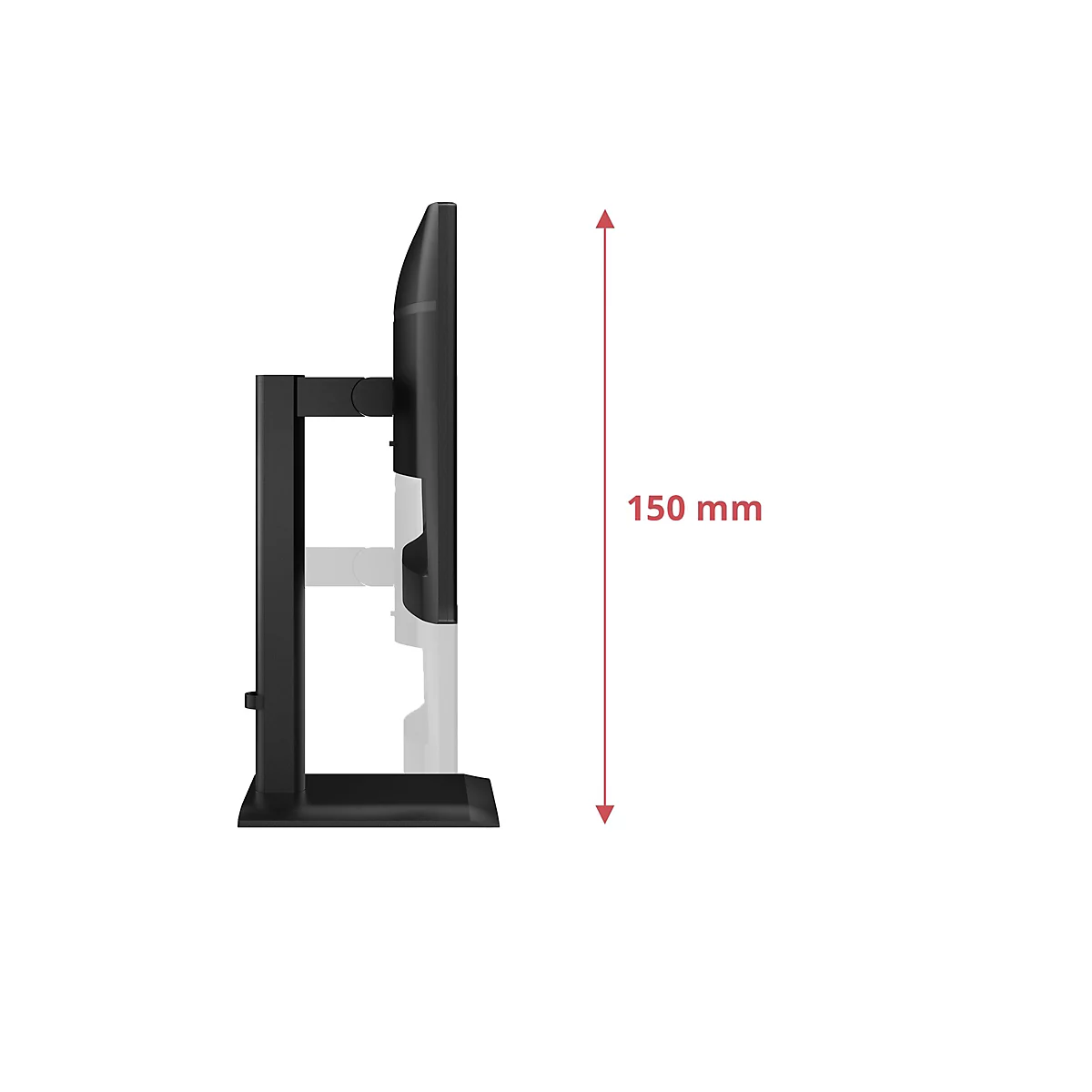 Seitenansicht eines schwarzen Monitors mit Standfuß. Ein roter Pfeil mit der Aufschrift 150 mm zeigt die Höhe.