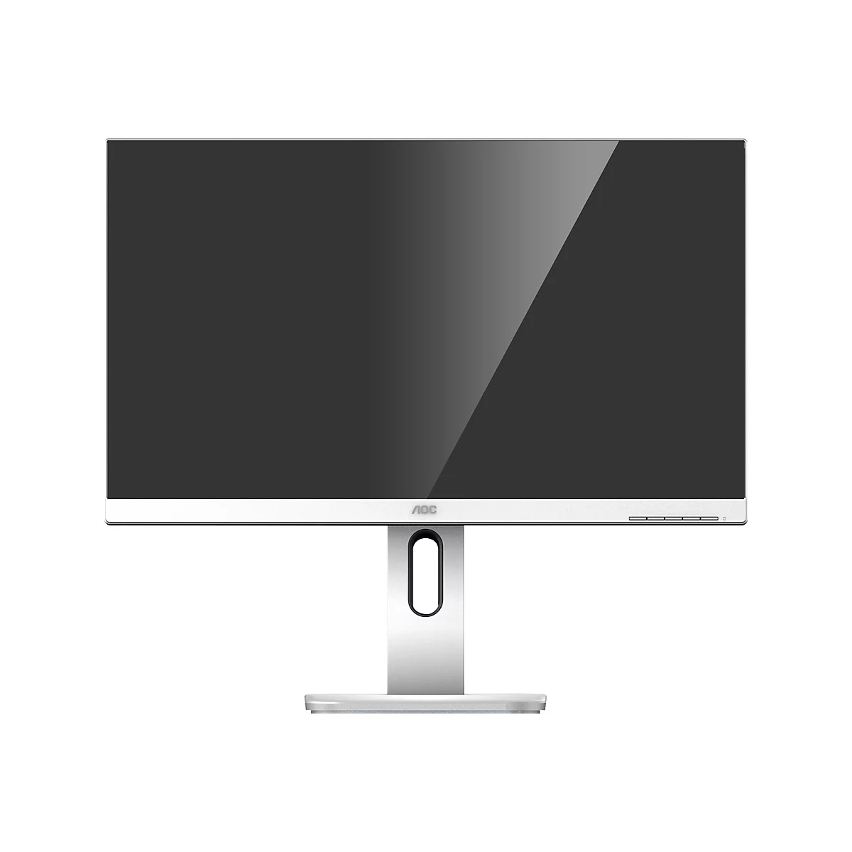 Schwarzer AOC-Monitor mit silbernem Standfuß vor weißem Hintergrund.