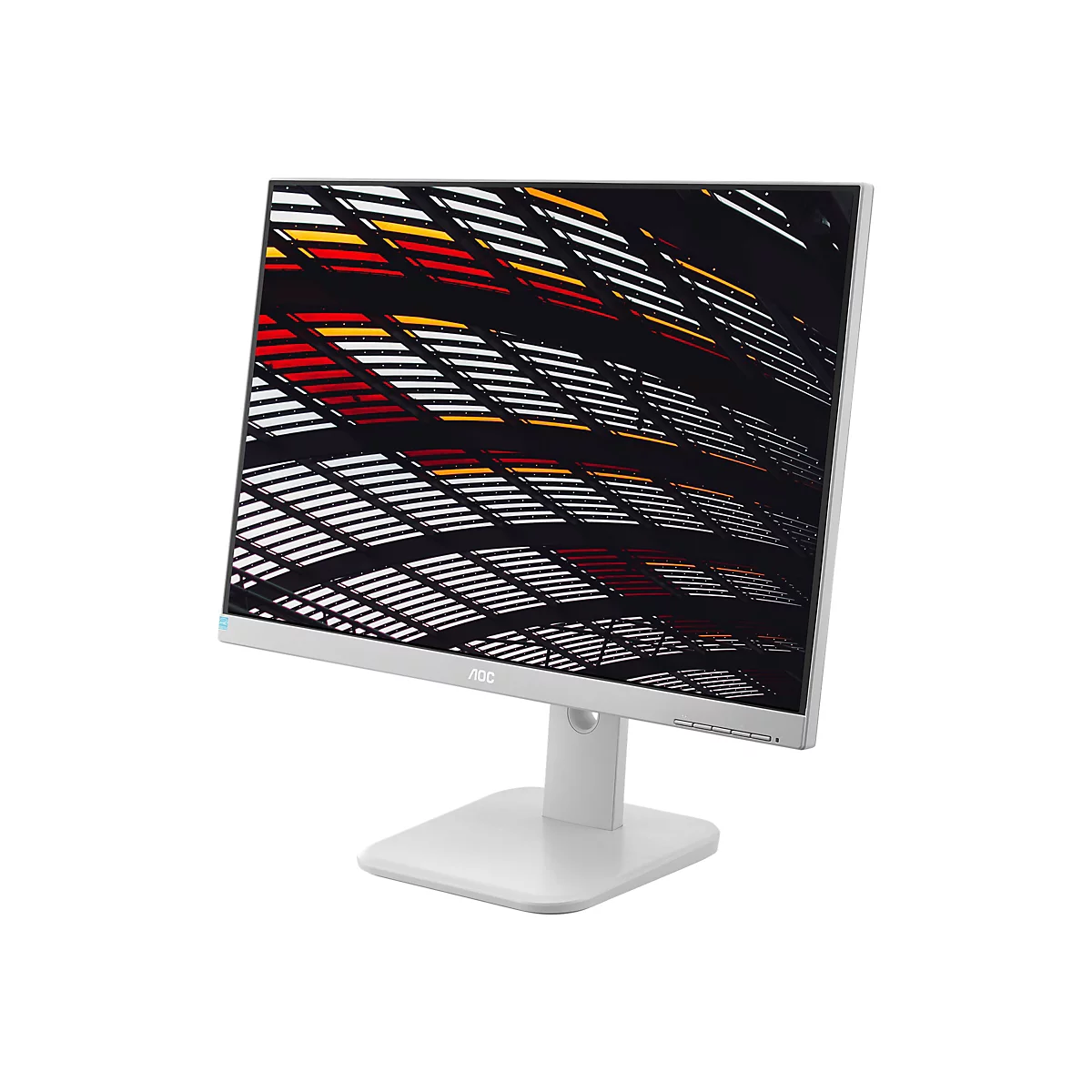 Ein weißer AOC Computerbildschirm mit schlankem Rahmen auf weißem Hintergrund.