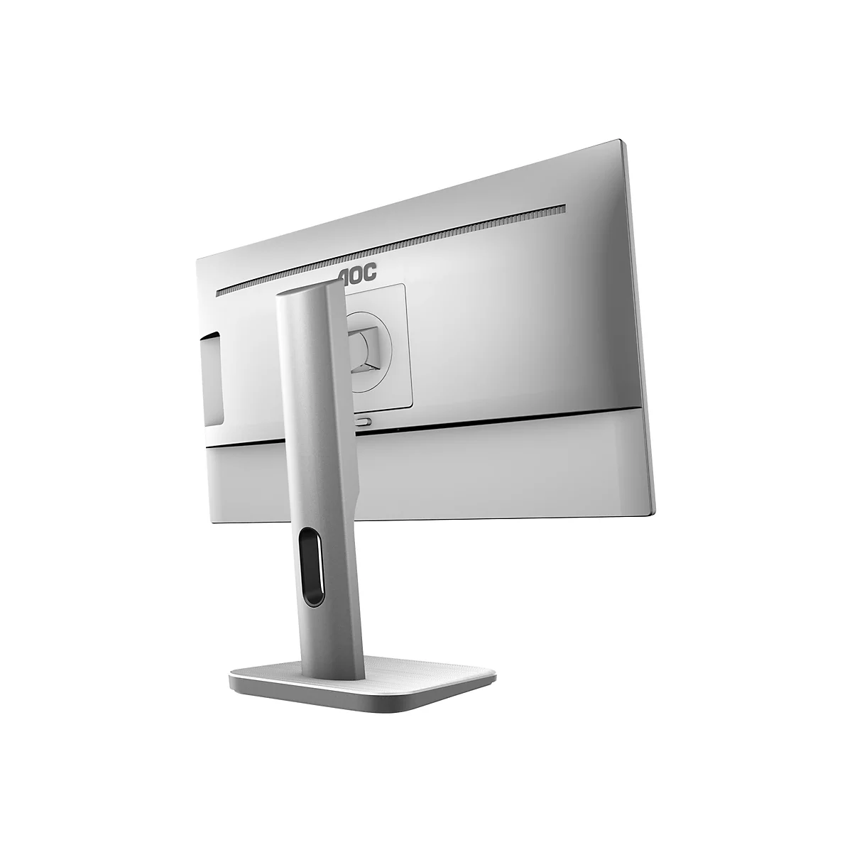 Rückansicht eines silbernen AOC-Computermonitors mit schlankem Standfuß vor weißem Hintergrund.