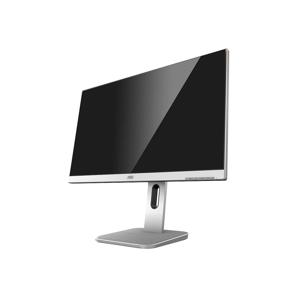 AOC Monitor mit silbernem Standfuß vor weißem Hintergrund.