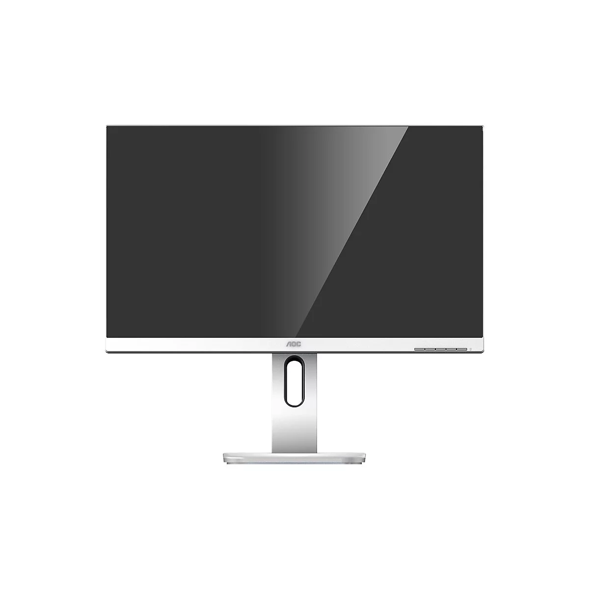 Ein weiÃŸer Monitor mit schwarzem Bildschirm. Das AOC-Logo ist unten zu sehen. Das GerÃ¤t steht auf einem weiÃŸen Sockel.
