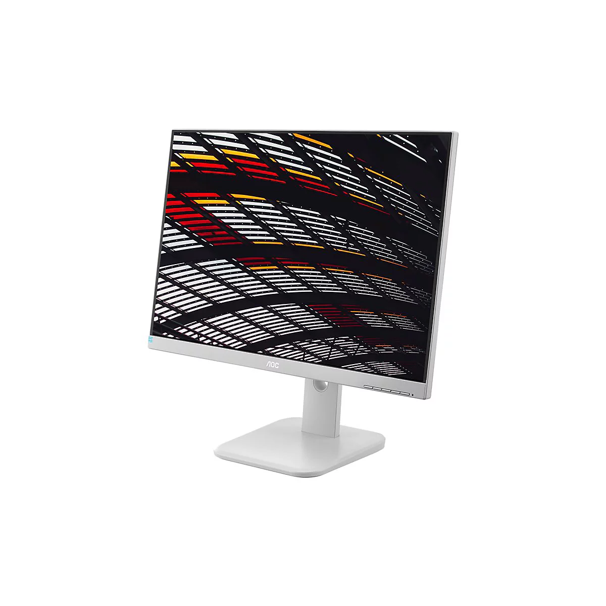 WeiÃŸer Monitor mit quadratischem FuÃŸ und farbigem Bildschirmhintergrund. Das Display zeigt eine stilisierte Architektur mit roten und gelben Elementen.