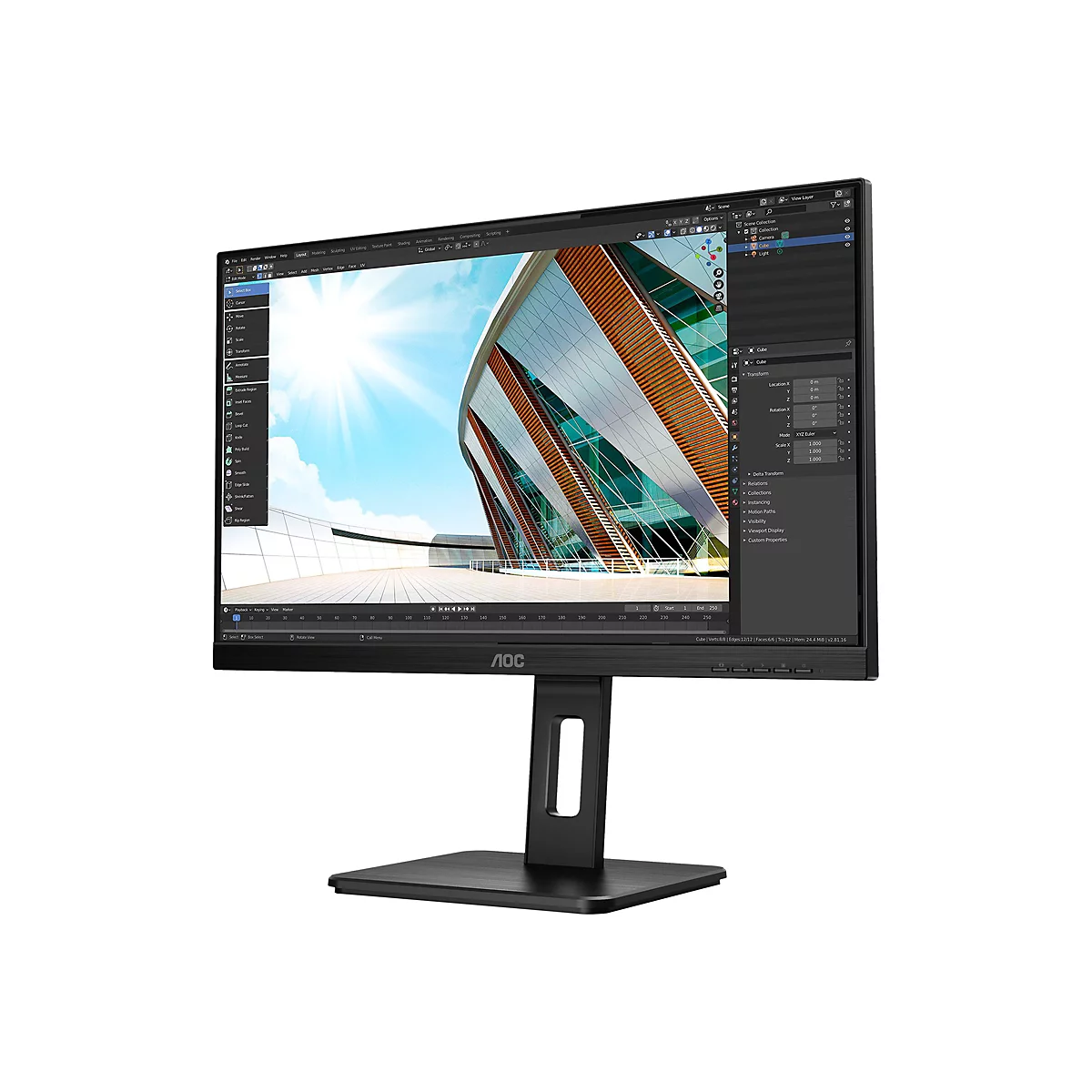 Ein schwarzer AOC-Monitor mit einem Gebäude-Rendering, das in der Blender-Software angezeigt wird.