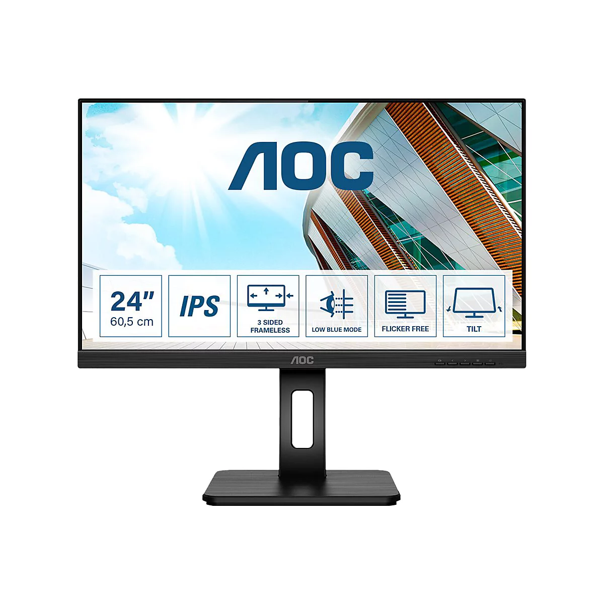 Schwarzer AOC Monitor mit schlankem Design, Logos und technischen Details. Bildschirm zeigt Himmel mit Wolken. Aufschrift: 24", IPS, Low Blue Mode, Flicker Free, Tilt.