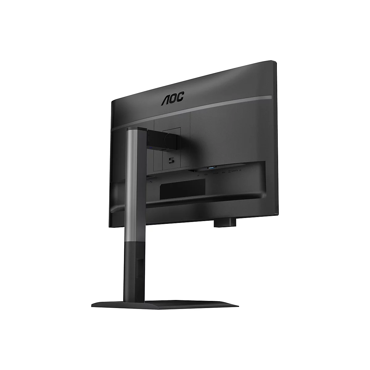 Der schwarze AOC-Monitor von hinten, auf weißem Hintergrund. Der Monitor ist an einem Standfuß befestigt.