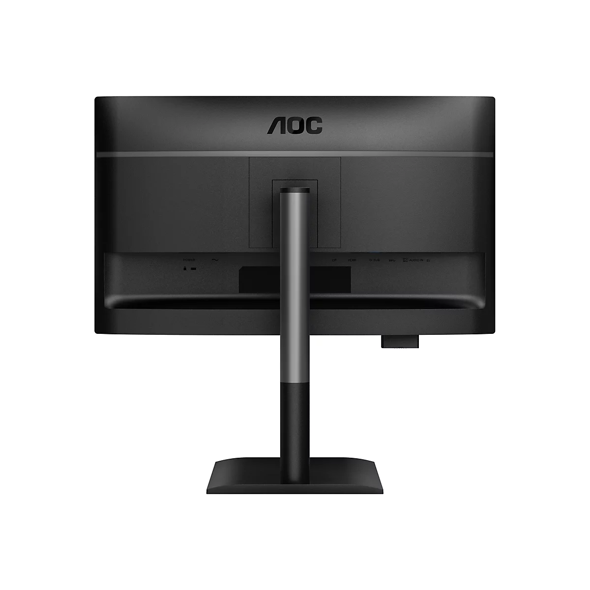 Rückansicht eines schwarzen AOC-Monitors mit Standfuß. Anschlüsse sind beschriftet.