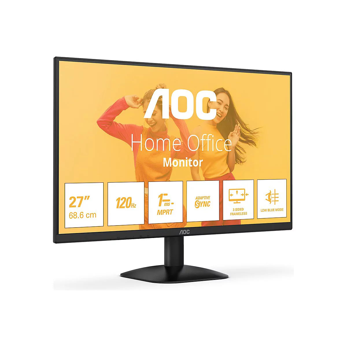 Schwarzer Monitor mit Schriftzügen und Logos. Auf dem Display ist Werbung für Home Office, 27 Zoll, 120 Hz, Adaptive Sync und Low Blue Mode zu sehen.