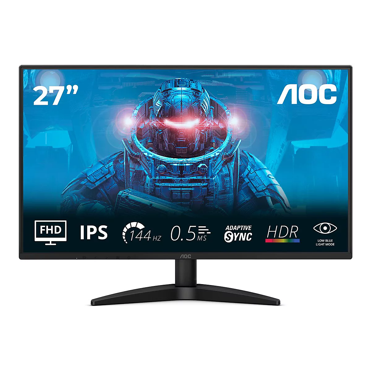 Schwarzer AOC-Monitor mit 27-Zoll-Bildschirm. Auf dem Bildschirm ist ein futuristisches Bild abgebildet. Logos und technische Daten sind ebenfalls zu sehen.