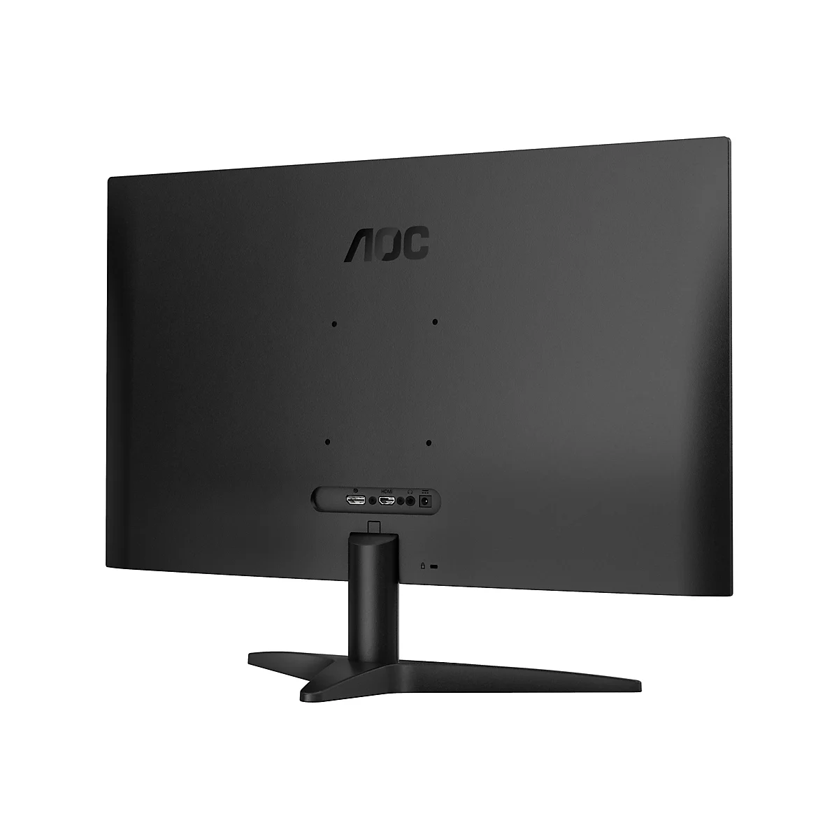 Rückseite eines schwarzen Monitors mit dem AOC-Logo, Anschlüssen und einem Standfuß.