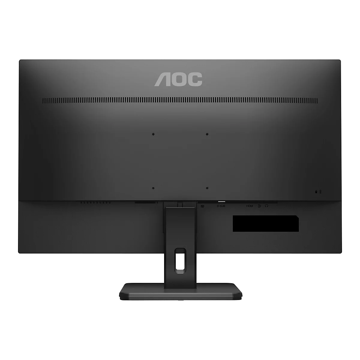 Rückseite eines schwarzen AOC Monitors mit Standfuß und sichtbaren Anschlüssen.