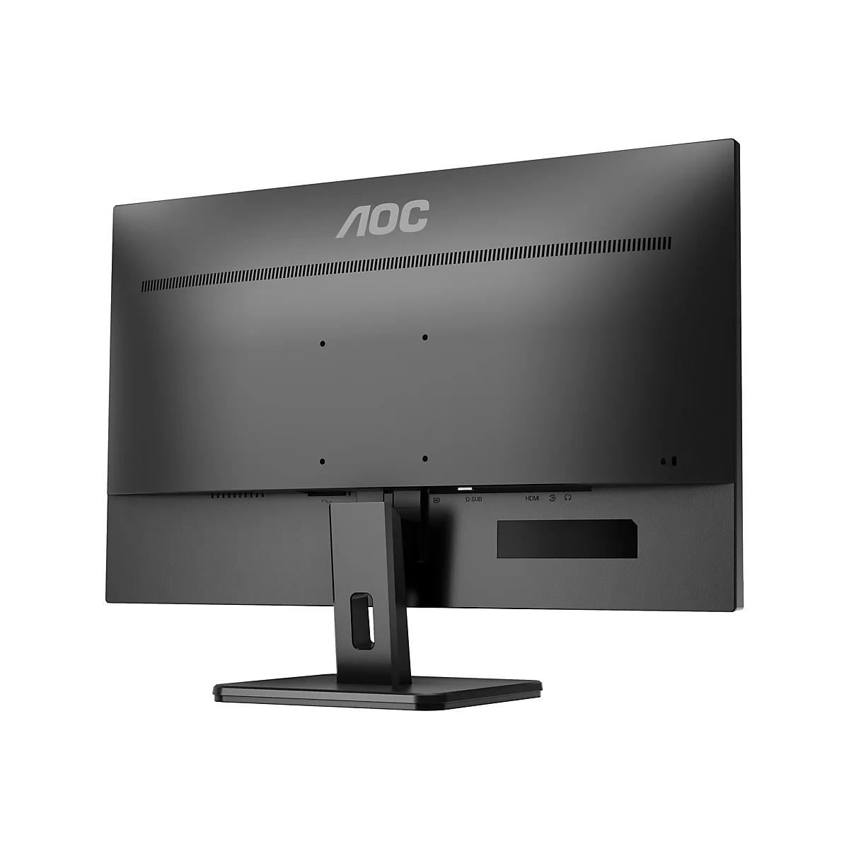 Rückseite eines schwarzen AOC Monitors auf einem Standfuß mit gut sichtbaren Anschlüssen und Firmenlogo.