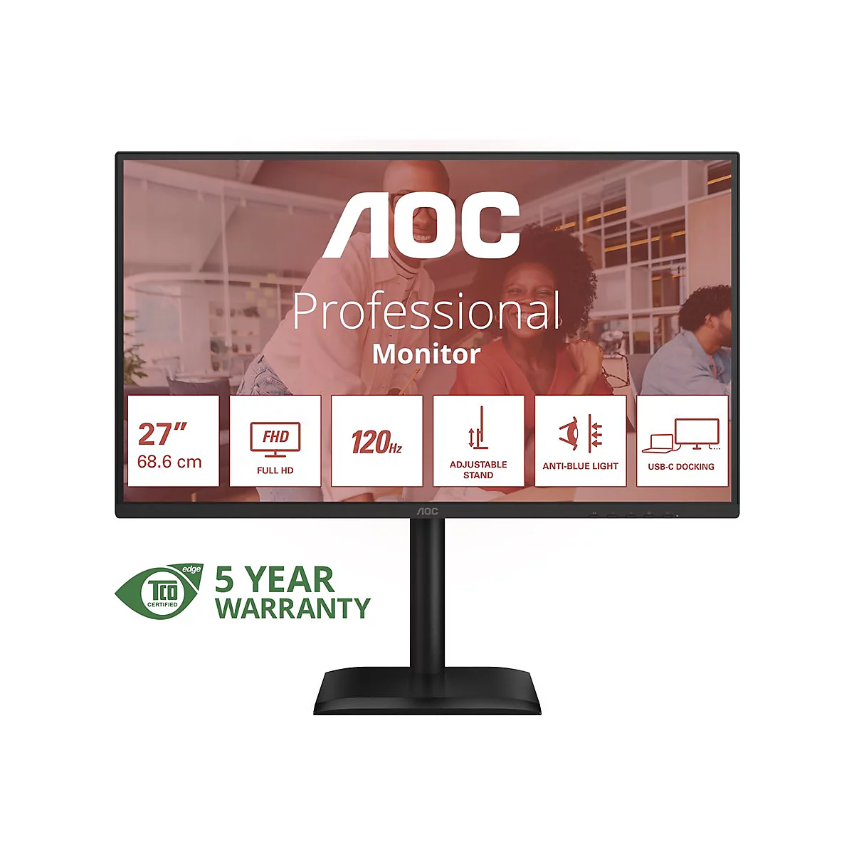 Moniteur AOC noir avec caractéristiques du produit. Inscription : 27", FHD, 120Hz, support réglable, filtre de lumière bleue, station d'accueil USB-C. Garantie 5 ans.
