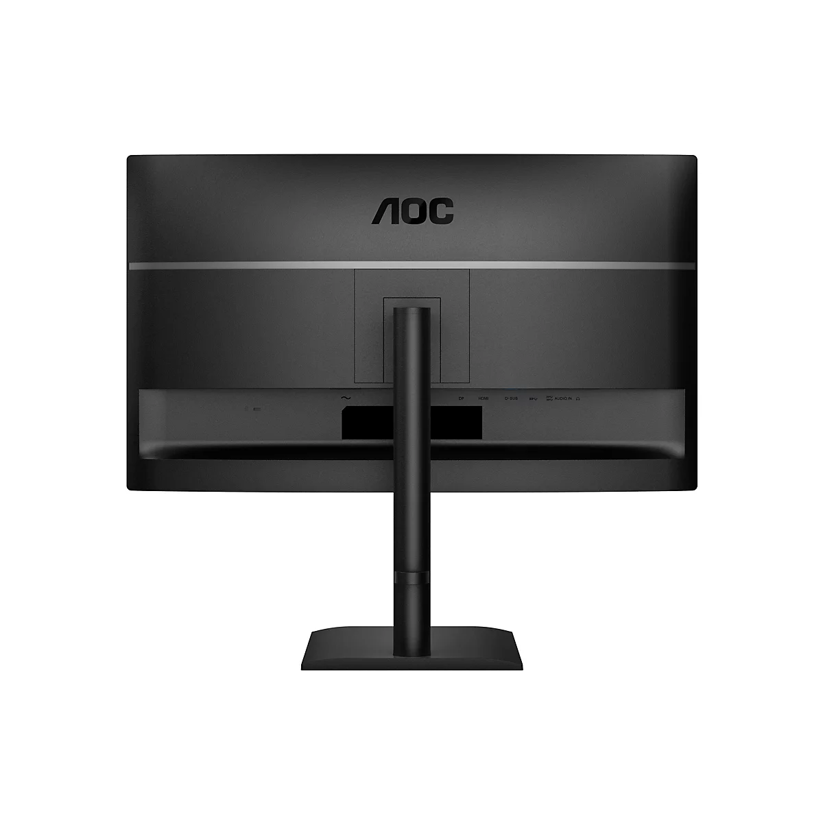 Rückseite eines schwarzen AOC-Monitors mit Standfuß. Anschlüsse wie DP, HDMI, D-Sub und Audio-in sind sichtbar.