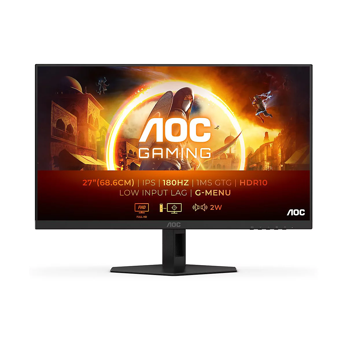 Moniteur de jeu AOC noir avec un fond d'écran fantastique. L'écran affiche les spécifications techniques.