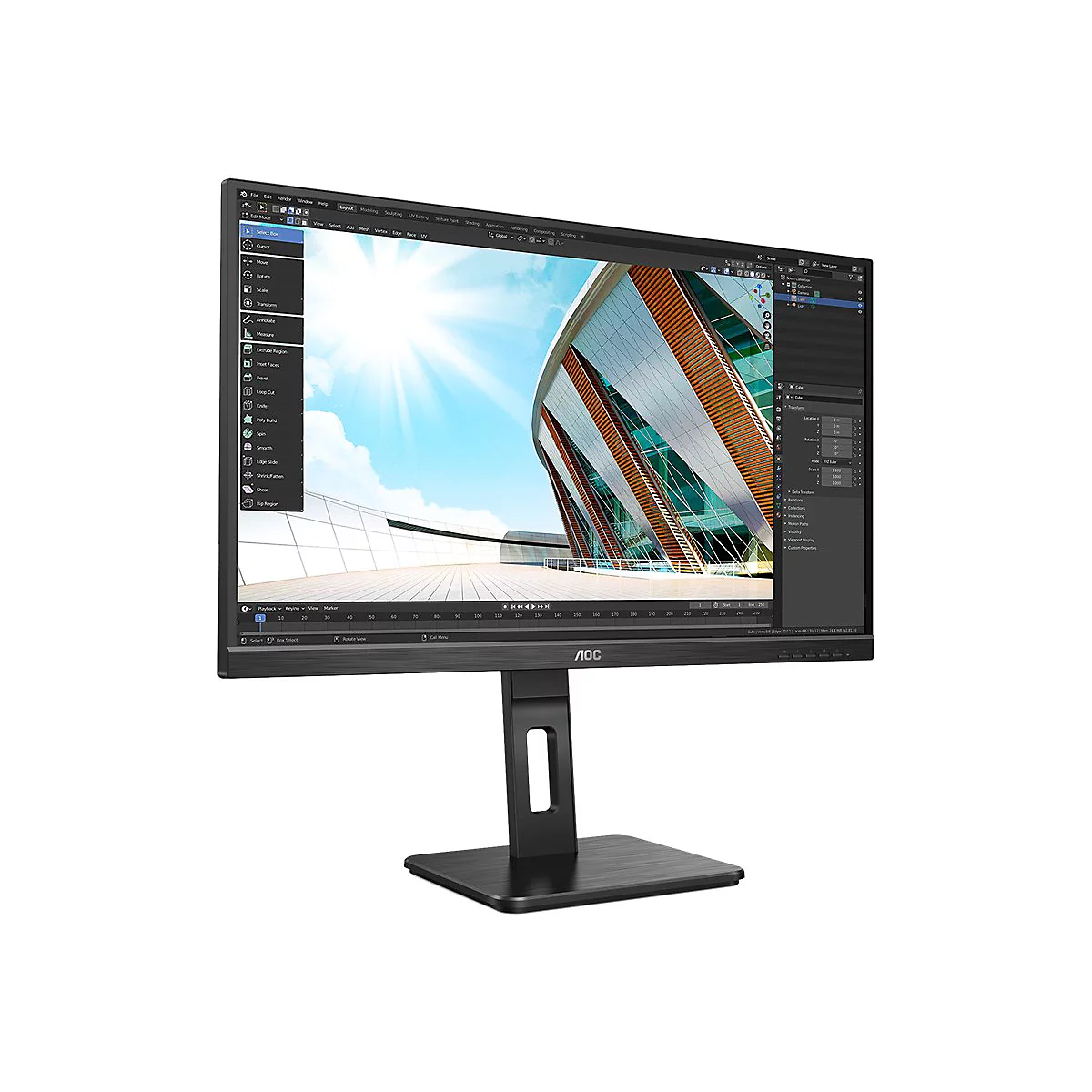 Schwarzer AOC Computermonitor mit schmalem Rahmen und Standfuß zeigt 3D-Software-Oberfläche vor weißem Hintergrund.