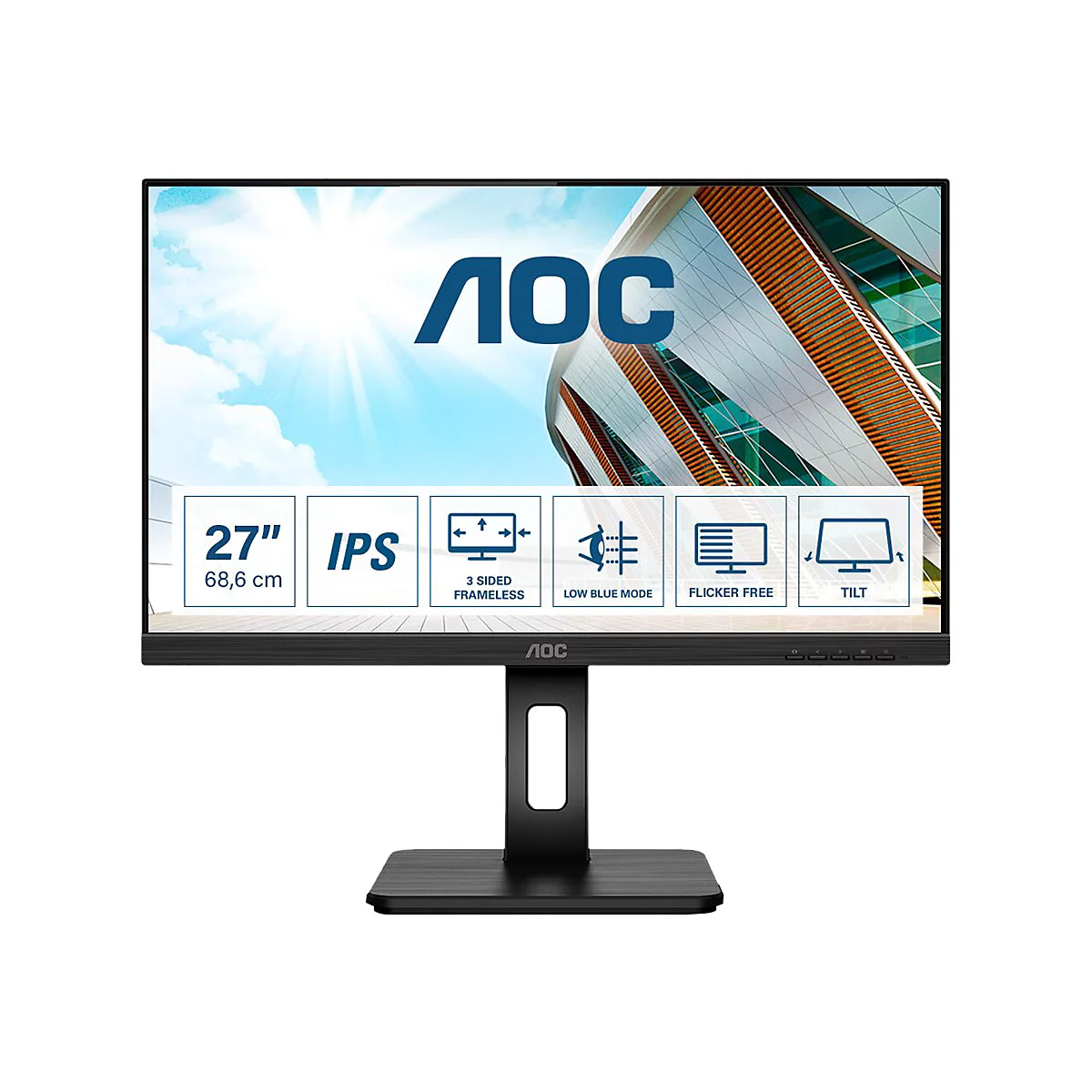 Schwarzer 27-Zoll AOC Monitor mit dünnem Rahmen und Infografik über Produkteigenschaften auf dem Display.