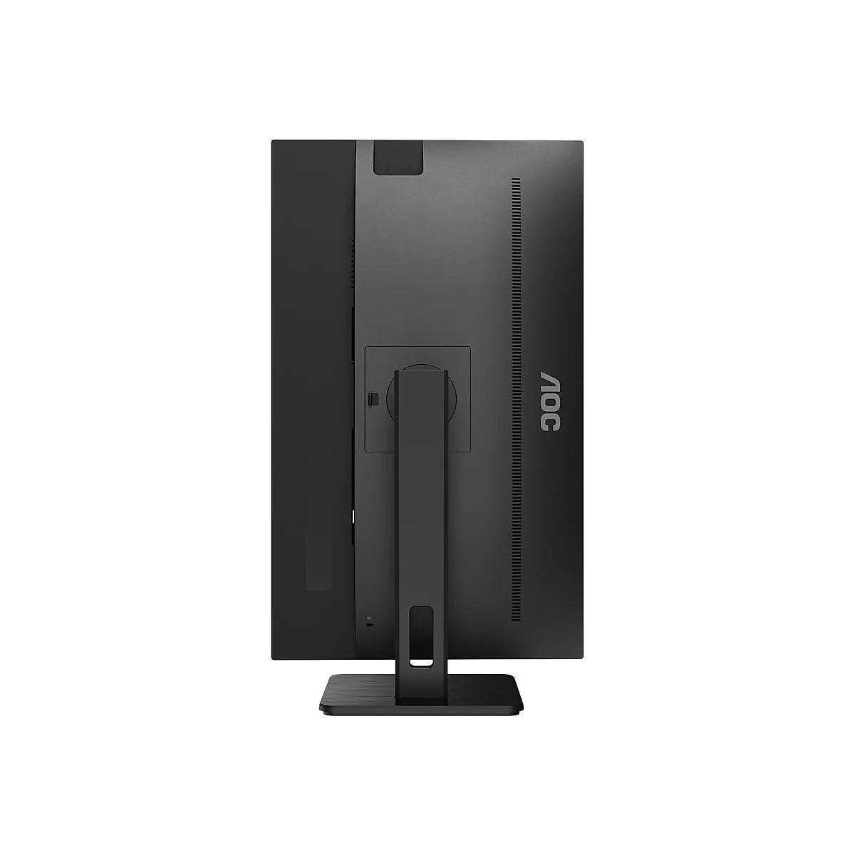 Rückseite eines schwarzen AOC Monitors auf einem Standfuß vor weißem Hintergrund.