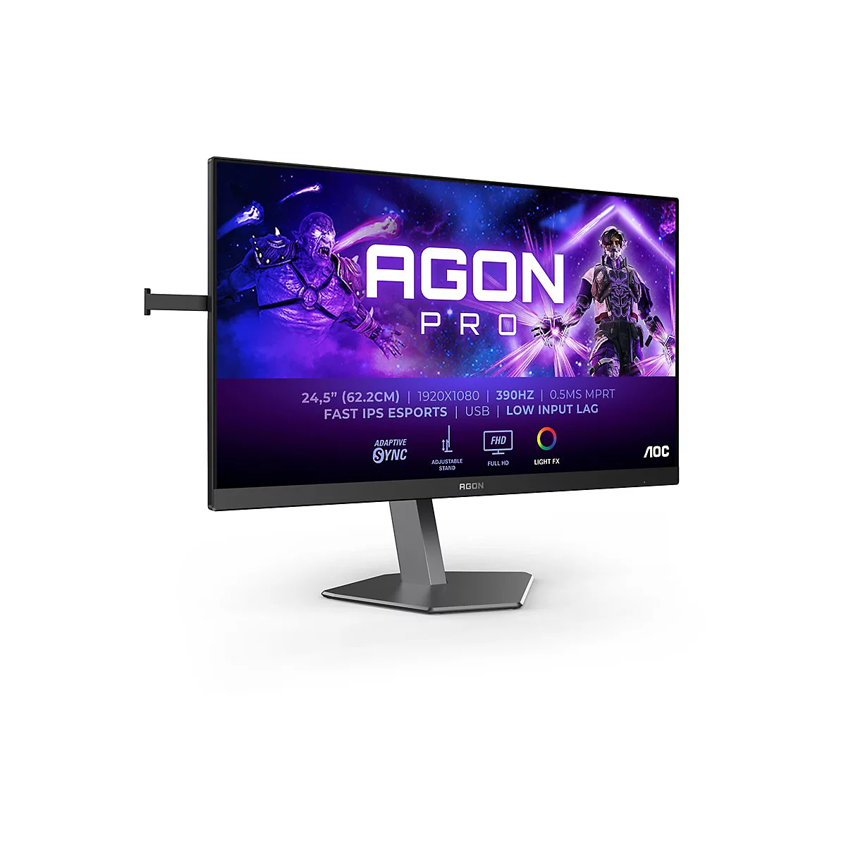 Un moniteur de jeu AOC Agon Pro noir avec des images de fond lumineuses et des détails techniques.
