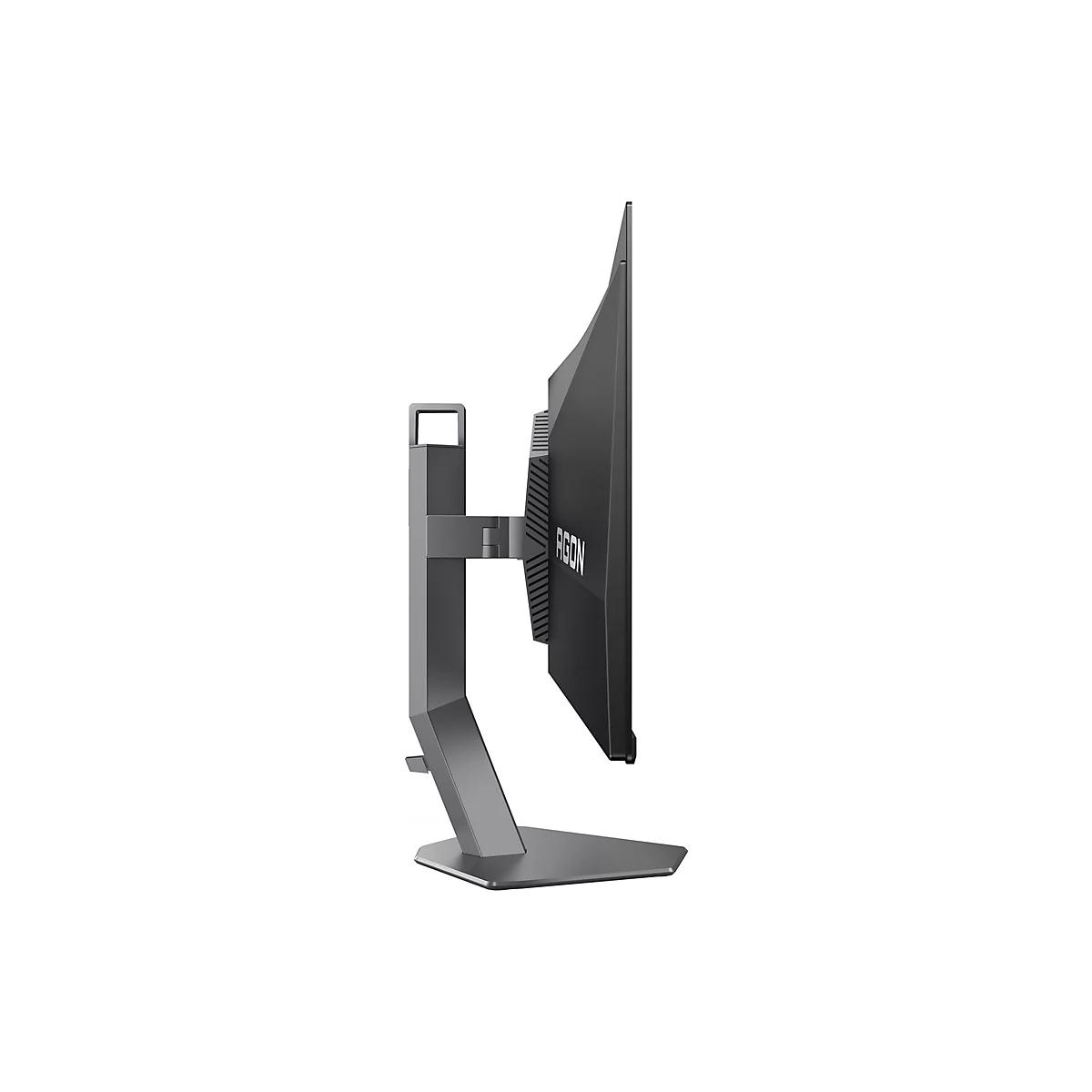 Seitenansicht eines modernen schwarzen Gaming-Monitors auf einem stabilen, grauen Ständer vor weißem Hintergrund.