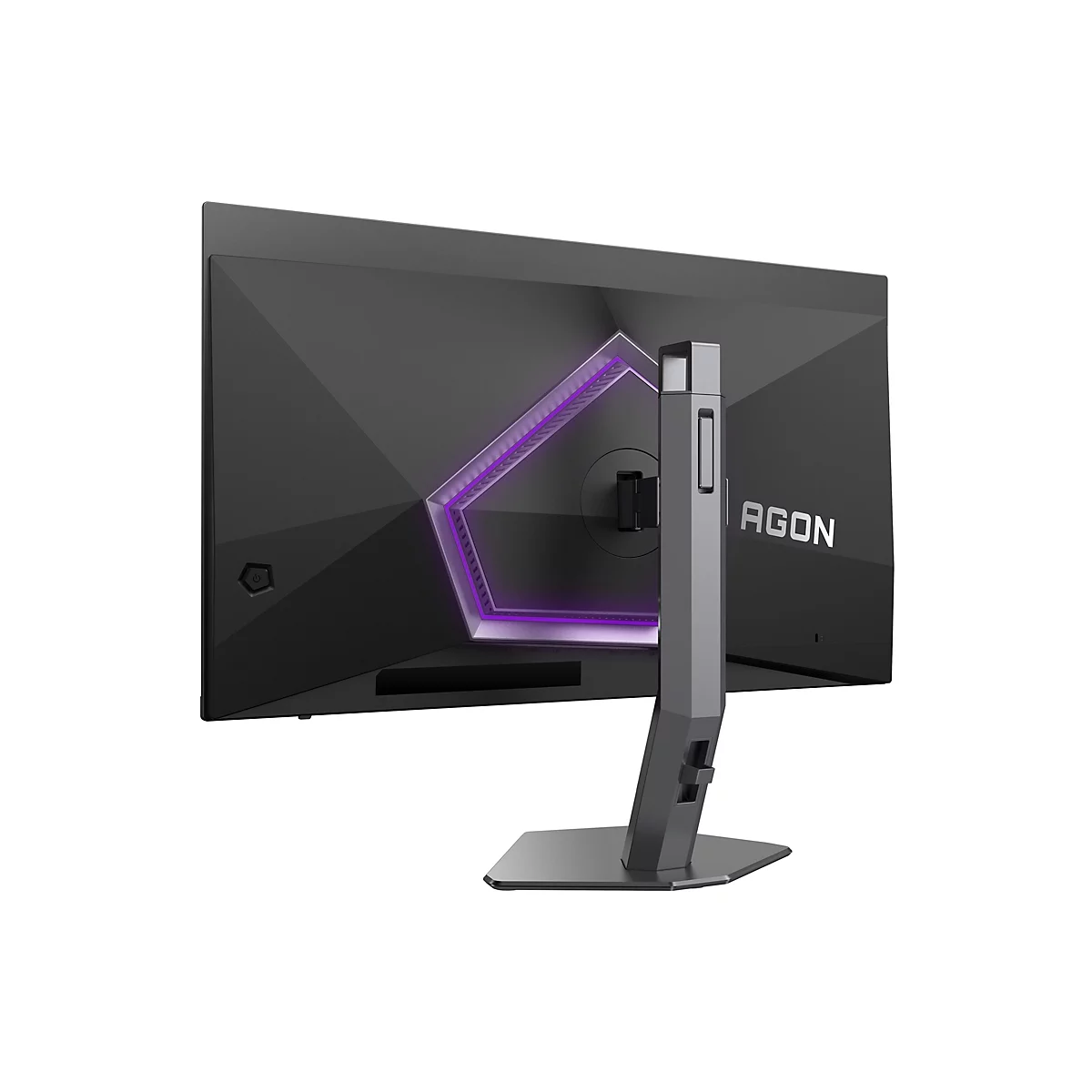 Rückseite eines schwarzen Agon Gaming-Monitors mit kantigem Design, lila Lichtakzent und stabilem Standfuß.