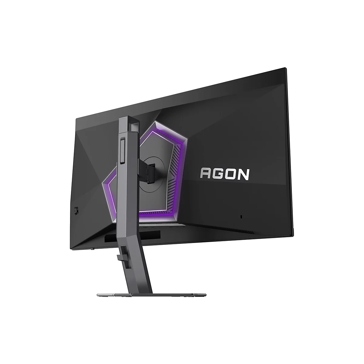 Rückansicht eines schwarzen Agon Gaming-Monitors mit violettem Lichtring auf einem stabilen Standfuß.